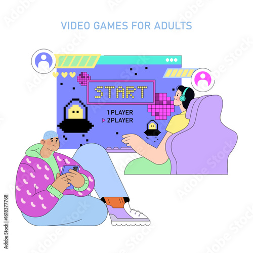 Adults Playing Multiplayer Video Game Vector Illustration