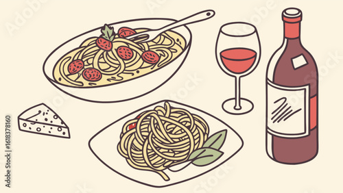 Italian Pasta with Tomato Sauce and Red Wine on Table