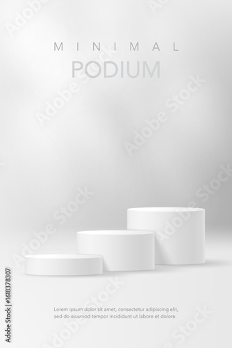 Realistic 3D white cylindrical steps podium background with round stand pedestal, Clean empty wall scene. Minimal mockup, cosmetic product promotion display banner, stage showcase.
