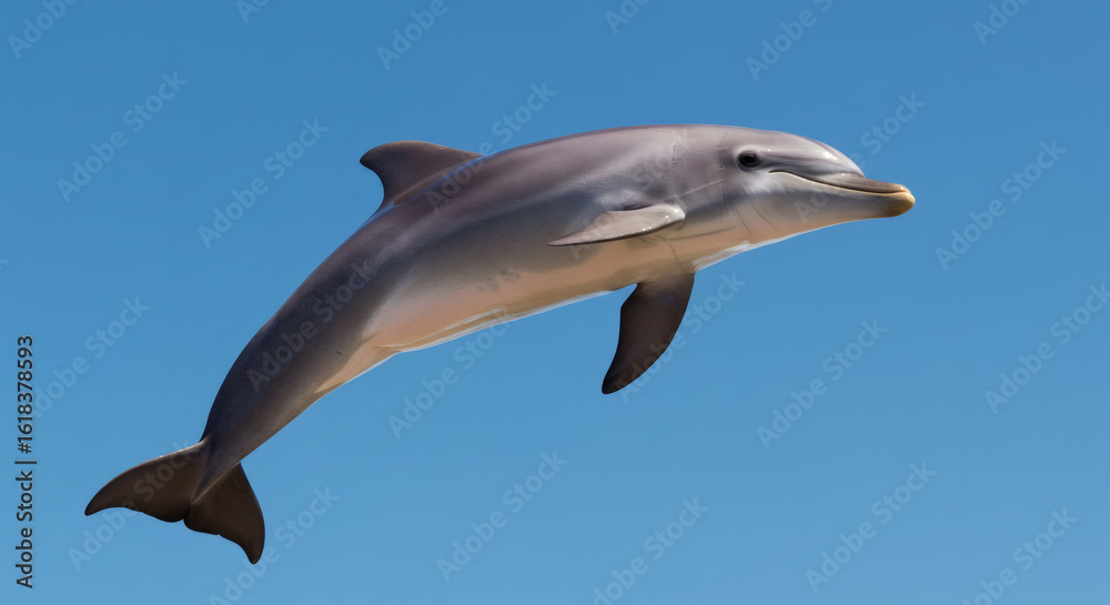 Fototapeta premium A grey dolphin leaps into the clear blue sky.