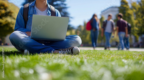 A university student sits cross-legged on the grass in a sunny college courtyard, using a laptop, other students walk in the background out of focus.