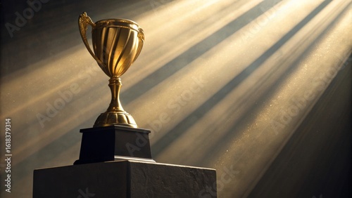 Golden Trophy on Pedestal with Rays of Light and Dust Particles