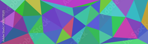Vibrant geometric abstract pattern with colorful polygons in green, blue, purple, pink, and yellow, creating a dynamic and lively visual arrangement.