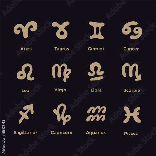 Astrological zodiac signs set. Vector illustration, simple flat symbols design for articles, newspapers, magazines. 12 astrological elements. Gold astrology horoscope icons, isolated on black bg