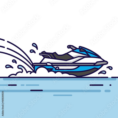 Blue and white jet ski speeding across water with spray illustration.