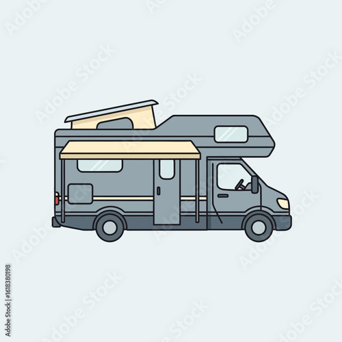 Illustration of a gray camper van with a pop-up roof on a light background.