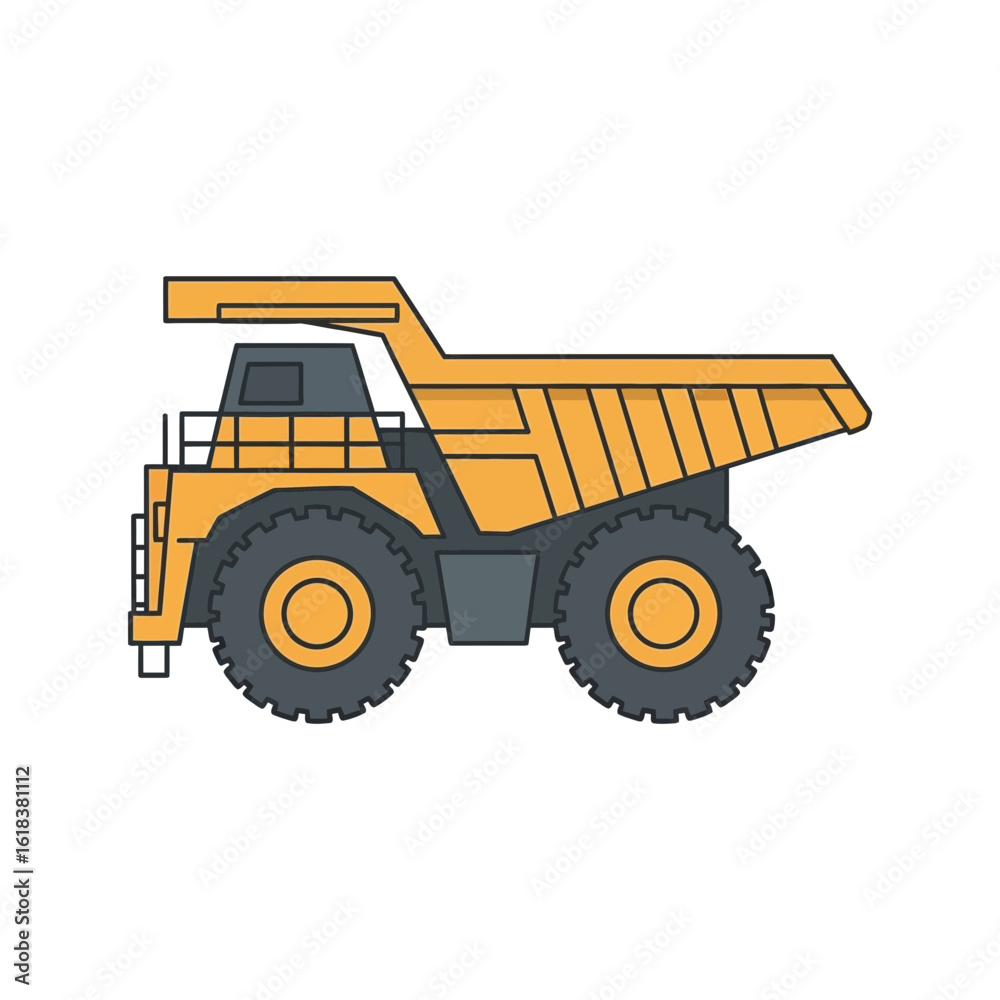Naklejka premium Yellow dump truck side view illustration on a white background.