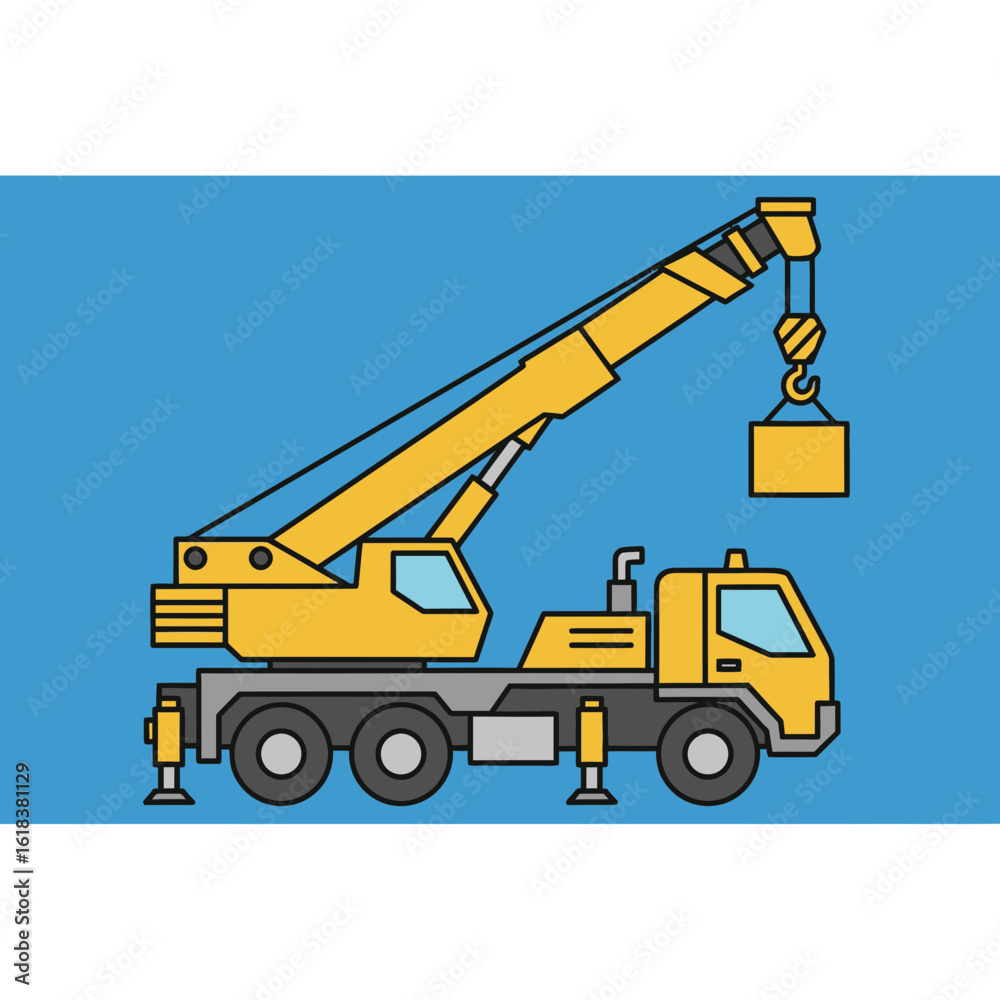 Naklejka premium Yellow crane truck lifting a box against a blue background.
