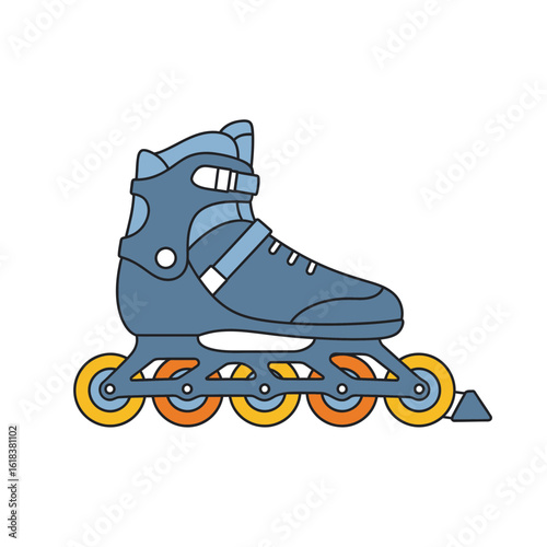 Blue inline roller skate with yellow wheels on white background illustration.