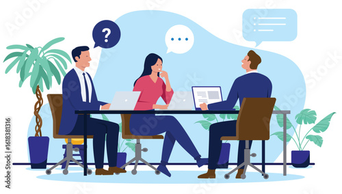 A business meeting with three people sitting around a table, discussing and collaborating on a project, with question and speech bubbles, flat design vector illustration