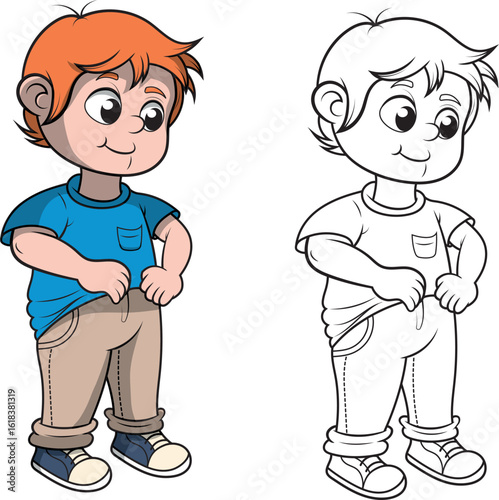 Niño acomodándose la ropa, dibujo a color y en blanco y negro.