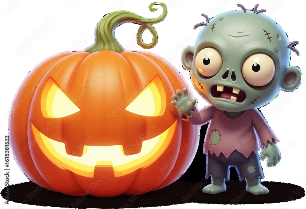 Fototapeta premium Cute Zombie and Glowing Jack-o'-Lantern Halloween Illustration