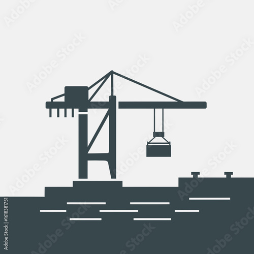Crane silhouette loading a container on a dock against a white background.
