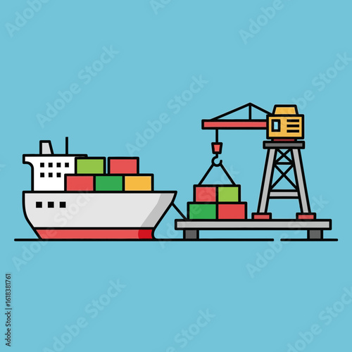 Cargo ship being loaded with containers by a crane illustration on blue.