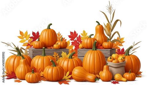 Autumn Harvest Display with Pumpkins and Colorful Leaves
