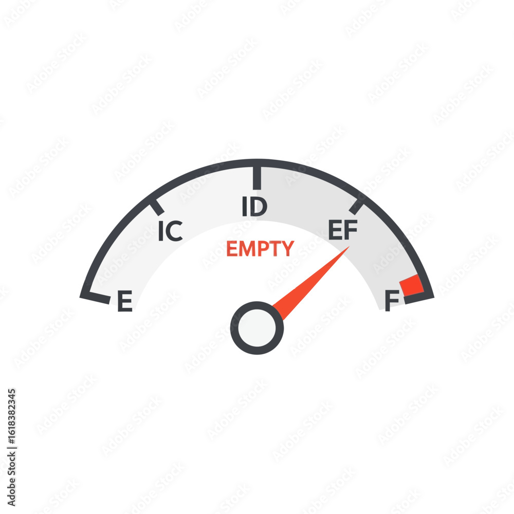 Fuel gauge showing empty with a red needle on white background. Fuel gauge showing empty with a red needle on white background.