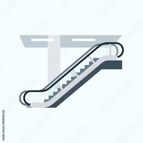 Illustration of an escalator with handrails and a partial ceiling structure.