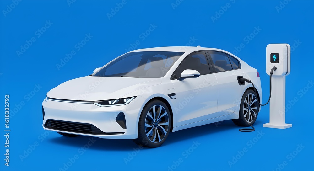 Naklejka premium White Electric Sedan Charging on Clean Blue Studio Background