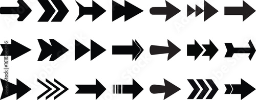 Black arrows flat icons. Set for web design. Direction pointers vector icons. Big collection. Vector set of black arrow signs. 