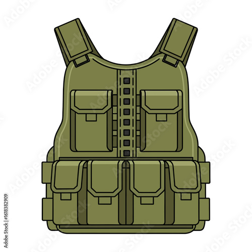 Green tactical vest with pockets isolated on white background.