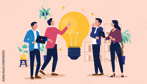 A team of business people brainstorming and discussing a new business idea, project or strategy, symbolised by a giant illuminated lightbulb, flat design vector illustration