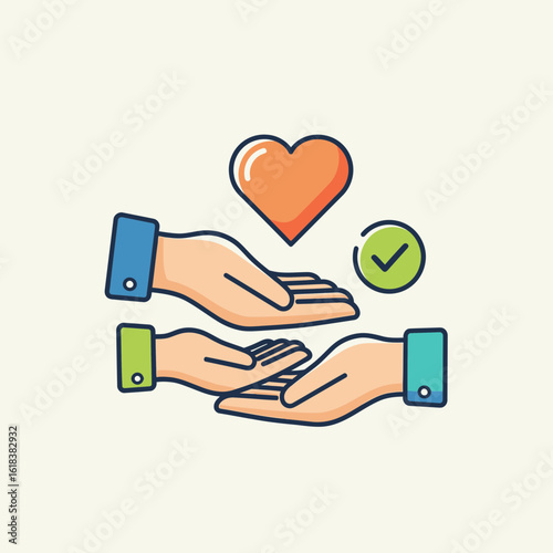 Two hands offer something, with a heart and check mark above.