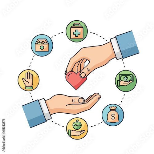 Hands exchanging a heart surrounded by icons representing charity and donation.
