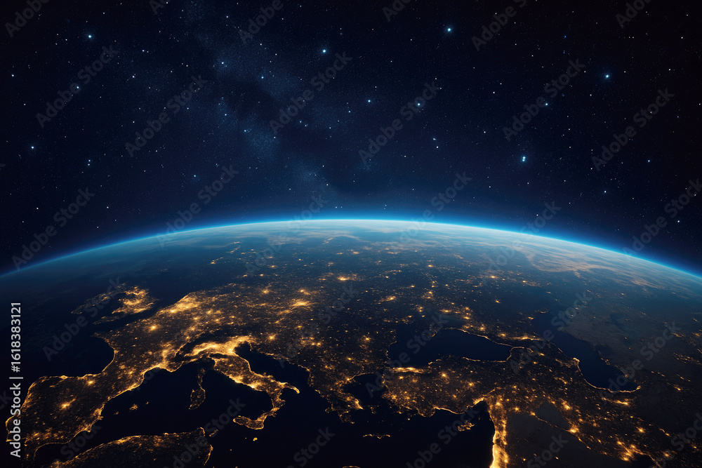 Fototapeta premium View of Europe at night from space showcasing city lights and the curvature of Earth