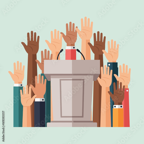 Podium with raised hands of diverse people against a light green background.