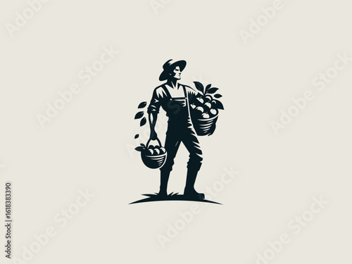 Vintage engraved farmer with fruit basket vector logo for juice brands