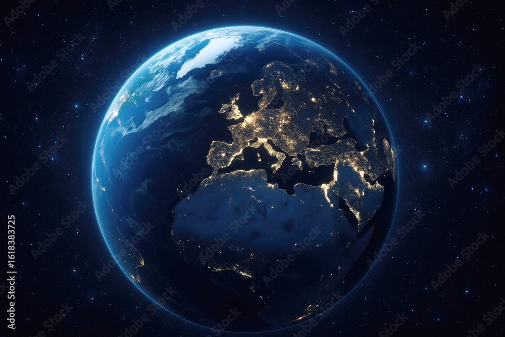Fototapeta premium View of Earth from space showcasing illuminated cities across Europe and Africa during nighttime with vibrant blue and black background