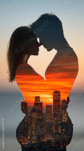 Double Exposure of Kissing Couple Overlaid with City Skyline at Dusk