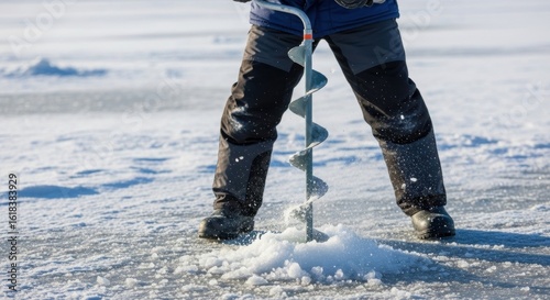 Male adult drilling ice with auger on frozen lake for winter fishing
