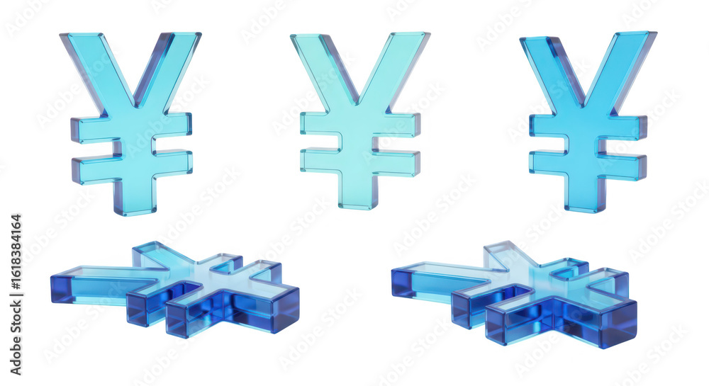 Obraz premium Transparent blue yen currency symbols in various orientations on a white background representing financial concepts