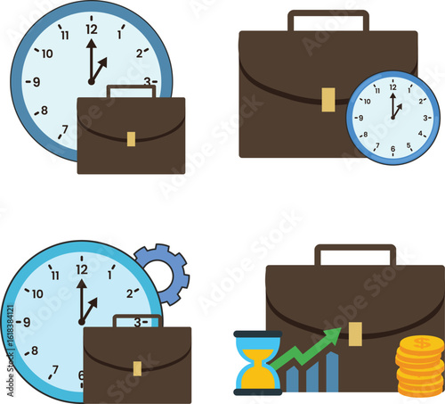 Business time management concept with briefcase and clock vector graphic