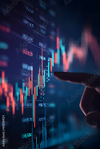 Dark, illuminated stock market graph being pointed at.