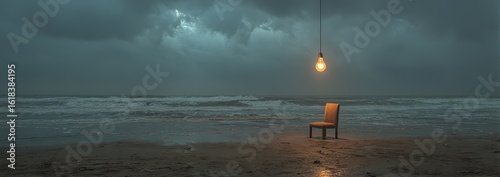 An image of a chair, hanging lamp, and dark-toned sea view by the seaside, suitable for art exhibition hall backdrops, music studio album covers, etc.