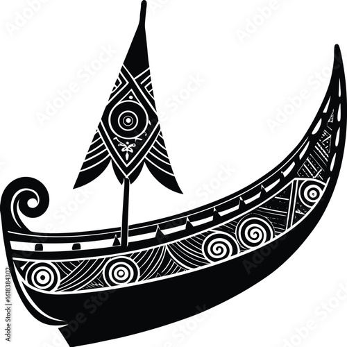 Detailed Viking Ship Illustration in Black and White Silhouette