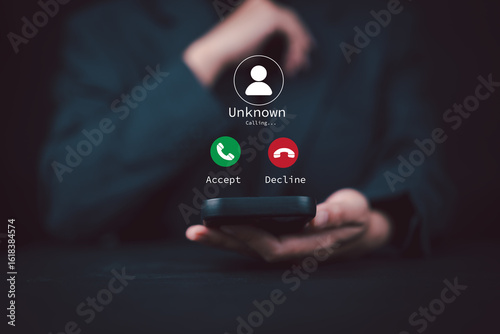 Bild auf Leinwand women use smartphone with incoming call from unknown number, spam, prank caller,