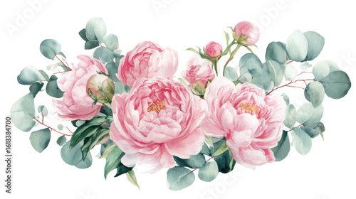 A delicate watercolor illustration of pink peonies and eucalyptus leaves, showcasing botanical beauty.