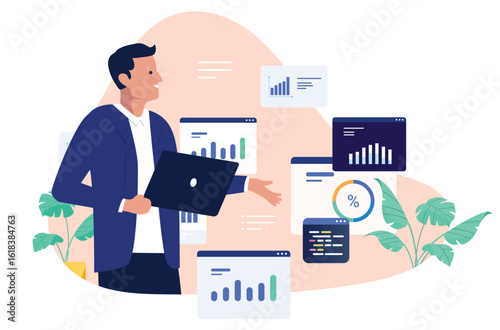 A smiling young businessman holding a laptop, surrounded by data analysis charts and graphs, representing business, finance, and technology in a flat design vector illustration