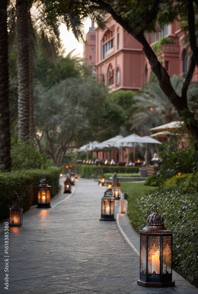 Obraz premium A paved path, lined with lanterns, leads through a lush garden to a terracotta building. Evening light