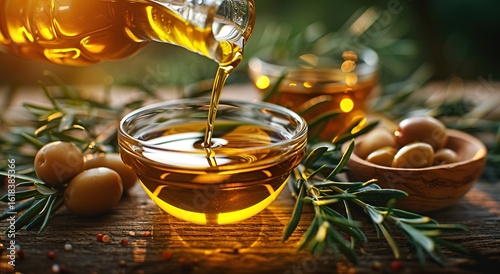 A scene of olive oil being poured into a small glass bowl, suitable for olive oil brands' advertisements, posters, webpages, and the health concept promotion of light meal restaurants, etc.