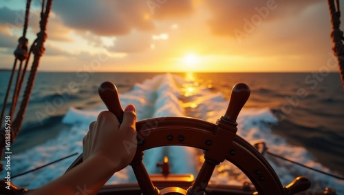 Navigating the Open Sea A Nautical Journey at Sunset with a Steady Hand on the Helm