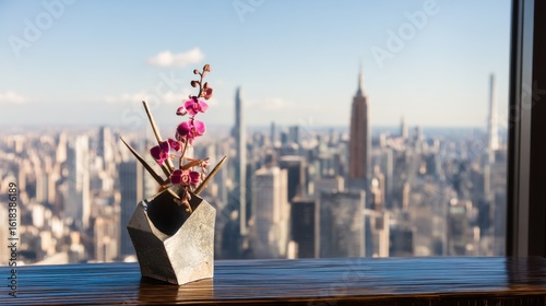 A wooden table with polished surface holds a vase of pink flowers in a modern geometric container,