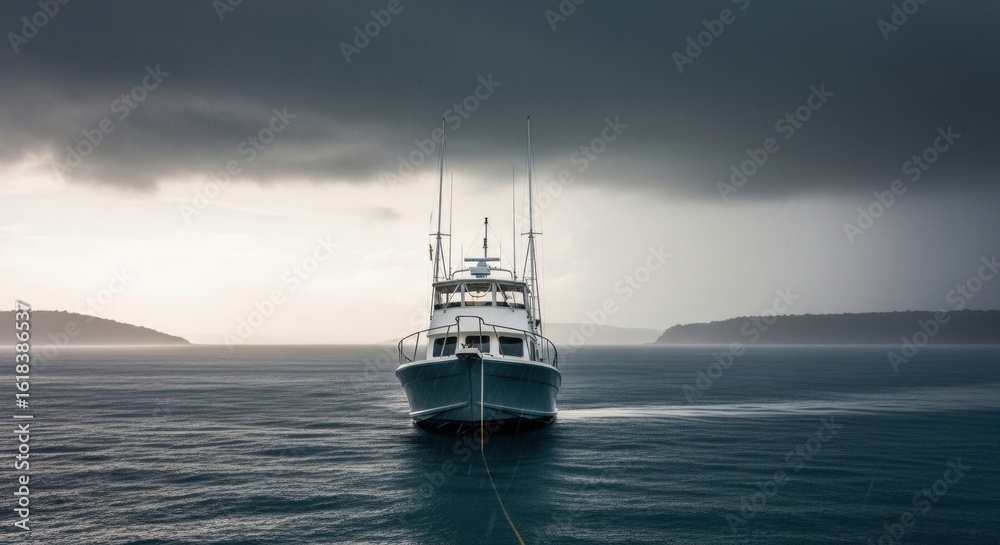 Fototapeta premium Solitary yacht anchored on a stormy ocean against a dramatic sky
