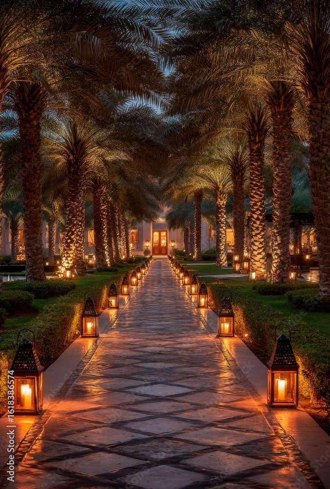 Obraz premium A paved walkway, lined with palm trees and lanterns, leads to a building at twilight