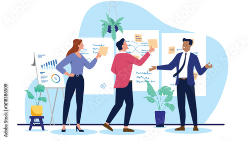 A business team of people having a brainstorming workshop session, using whiteboards and sticky notes to create a new strategy or a project plan, flat design vector illustration