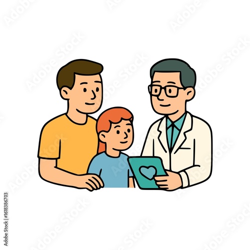 Pediatric healthcare consultation between male physician and family using tablet, digital medical advice in clinic setting