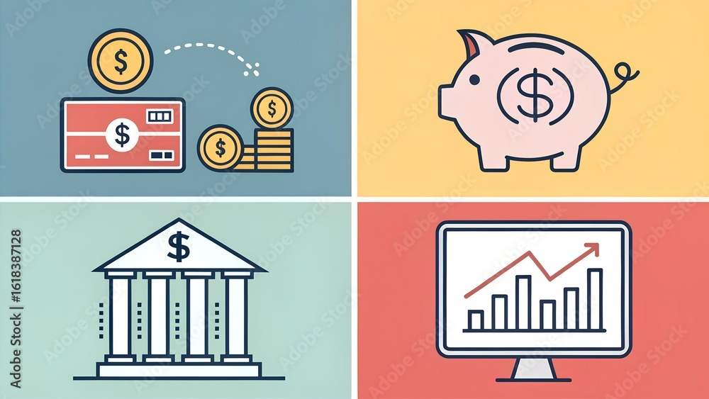 Obraz premium Four graphic panels show financial transactions including money transfer, saving, a bank building, and a stock market graph on a computer display in a conceptual representation money, coin, coins, cur